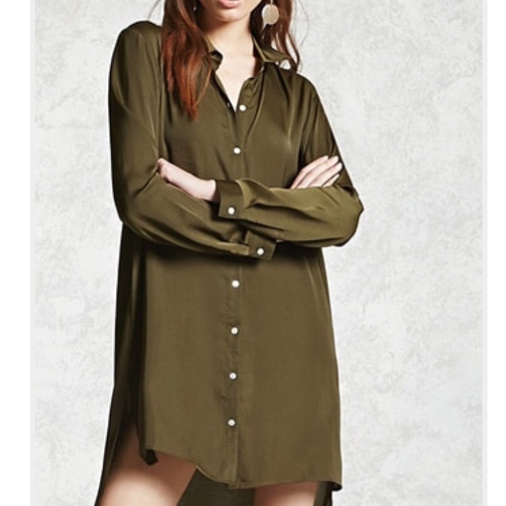 Olive green satin feel shirt dress
